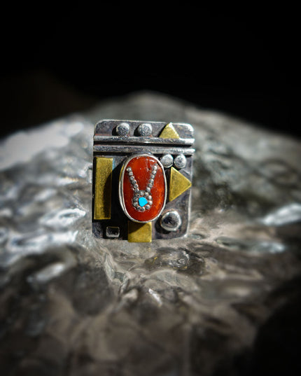 Turquoise & Red Coral Patchwork Ring | Gold-Plated Sterling Silver Tibetan-Inspired Ring