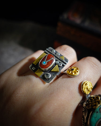 Turquoise & Red Coral Patchwork Ring | Gold-Plated Sterling Silver Tibetan-Inspired Ring