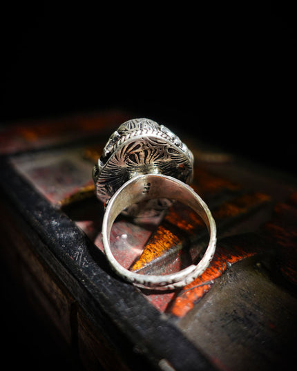 Turquoise & Red Coral Patch Ring | Sterling Silver & Brass with Auspicious Knot