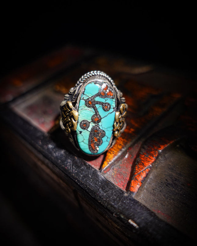 Turquoise & Red Coral Patch Ring | Sterling Silver & Brass with Auspicious Knot