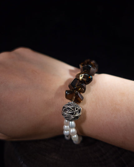 Stress-Relief Grounding Clarity Smoky Quartz & Pearl Silver Bracele