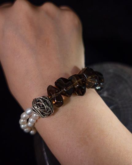 Stress-Relief Grounding Clarity Smoky Quartz & Pearl Silver Bracele