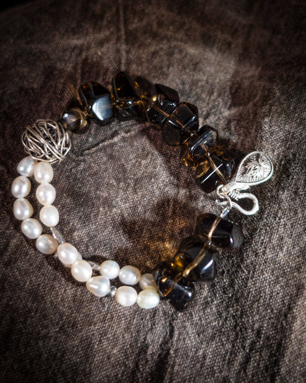 Stress-Relief Grounding Clarity Smoky Quartz & Pearl Silver Bracele