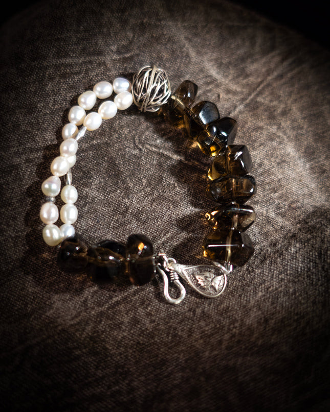 Stress-Relief Grounding Clarity Smoky Quartz & Pearl Silver Bracele