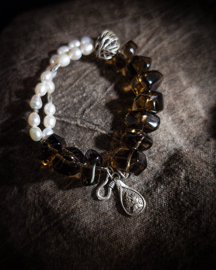 Stress-Relief Grounding Clarity Smoky Quartz & Pearl Silver Bracele