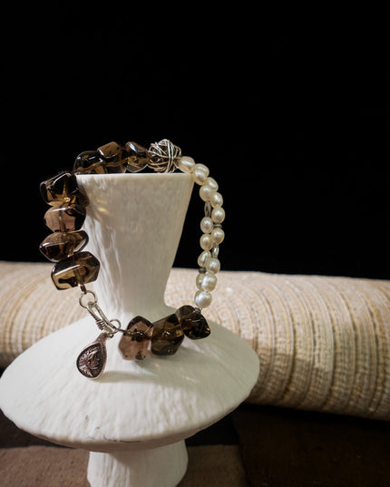 Stress-Relief Grounding Clarity Smoky Quartz & Pearl Silver Bracele