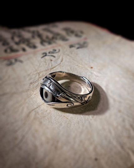 Eye of Protection Dzi Agate & 925 Silver Ring