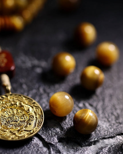 Tibetan Wealth Tiger Eye & Amber Necklace