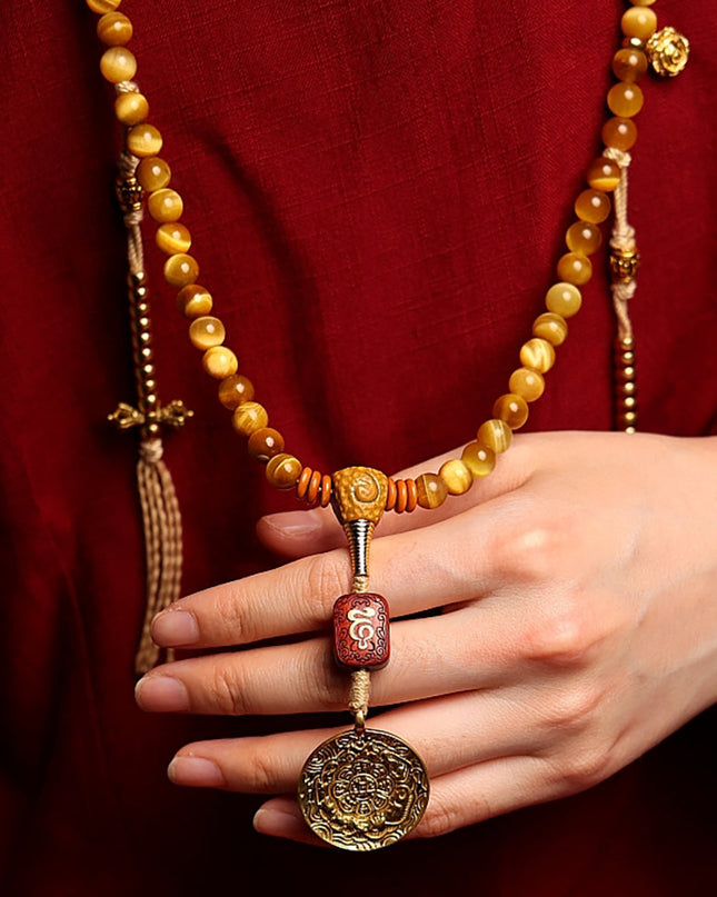Tibetan Wealth Tiger Eye & Amber Necklace