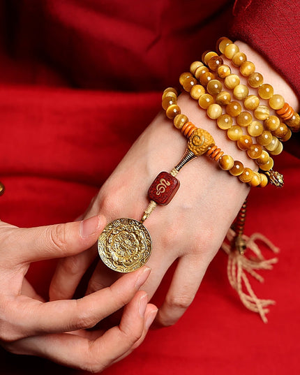 Tibetan Wealth Tiger Eye & Amber Necklace