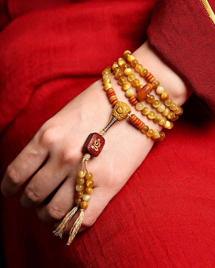 Tibetan Wealth Tiger Eye & Amber Necklace