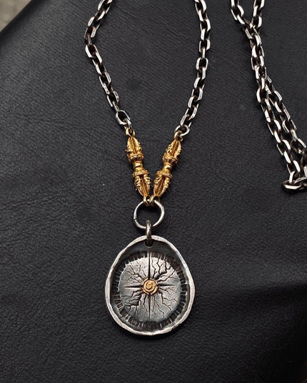 Thunderbolt Compass Kailash Energy Protection Sterling Silver 18K Gold Necklace