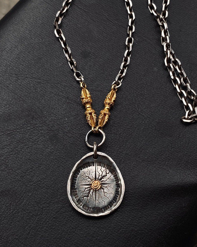 Thunderbolt Compass Kailash Energy Protection Sterling Silver 18K Gold Necklace