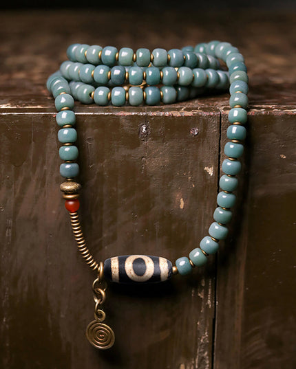 Serene Balance Dzi Bead & Bodhi Seed Necklace