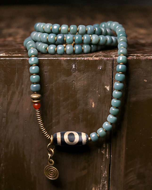 Serene Balance Dzi Bead & Bodhi Seed Necklace