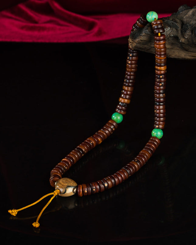 108 Bead Tibetan Old Jade Rosary – High-End Copper Inlay Meditation Bracelet