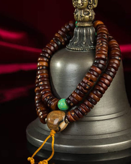 108 Bead Tibetan Old Jade Rosary – High-End Copper Inlay Meditation Bracelet