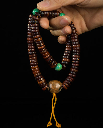 108 Bead Tibetan Old Jade Rosary – High-End Copper Inlay Meditation Bracelet