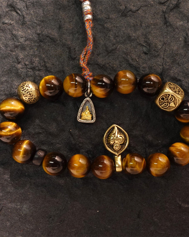 Wealth & Strength Tiger's Eye Bracelet with Gold Buddha Charm