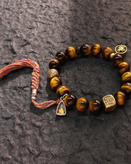 Wealth & Strength Tiger's Eye Bracelet with Gold Buddha Charm