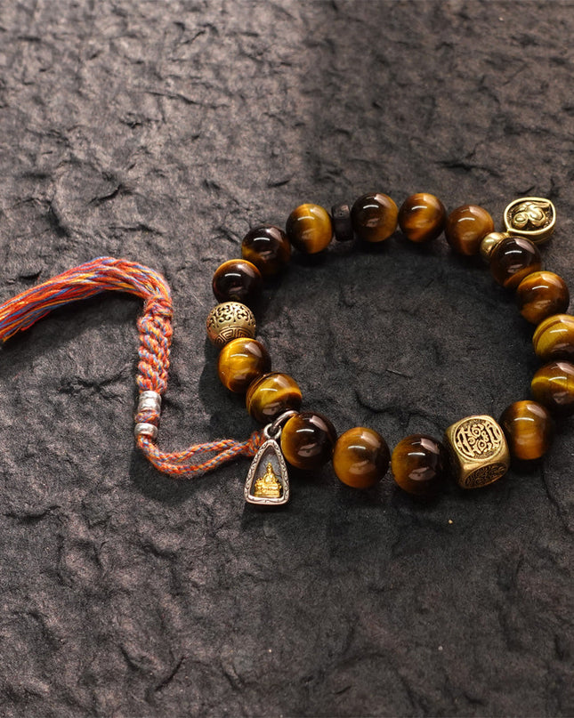 Wealth & Strength Tiger's Eye Bracelet with Gold Buddha Charm