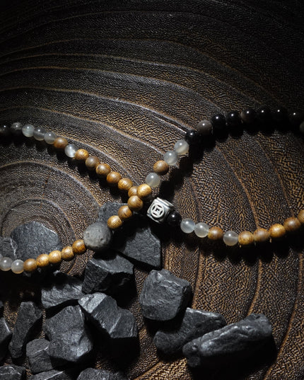 "Fortune Blessings" Zakirum Black Onyx & Agarwood Gray Moonstone Bracelet - Spiritual Guardian Unisex Couple Bracelet