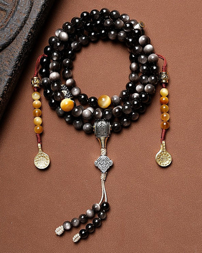 Fortress of Hope Silver Obsidian 108 Mala Beads Necklace