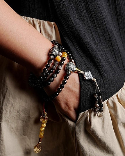 Fortress of Hope Silver Obsidian 108 Mala Beads Necklace