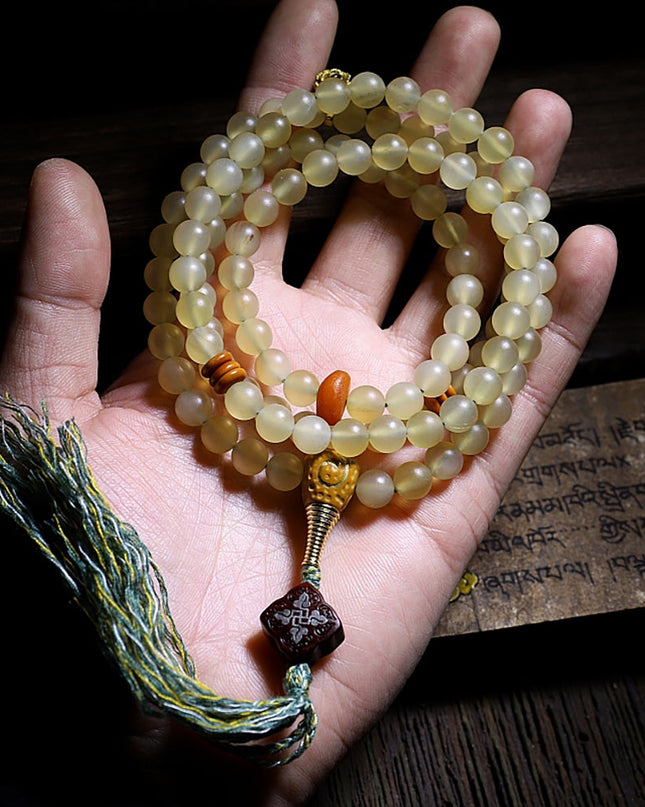 Guardian Yak Bone and Amber Blessing 108 Mala Beads Necklace