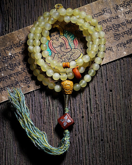 Guardian Yak Bone and Amber Blessing 108 Mala Beads Necklace