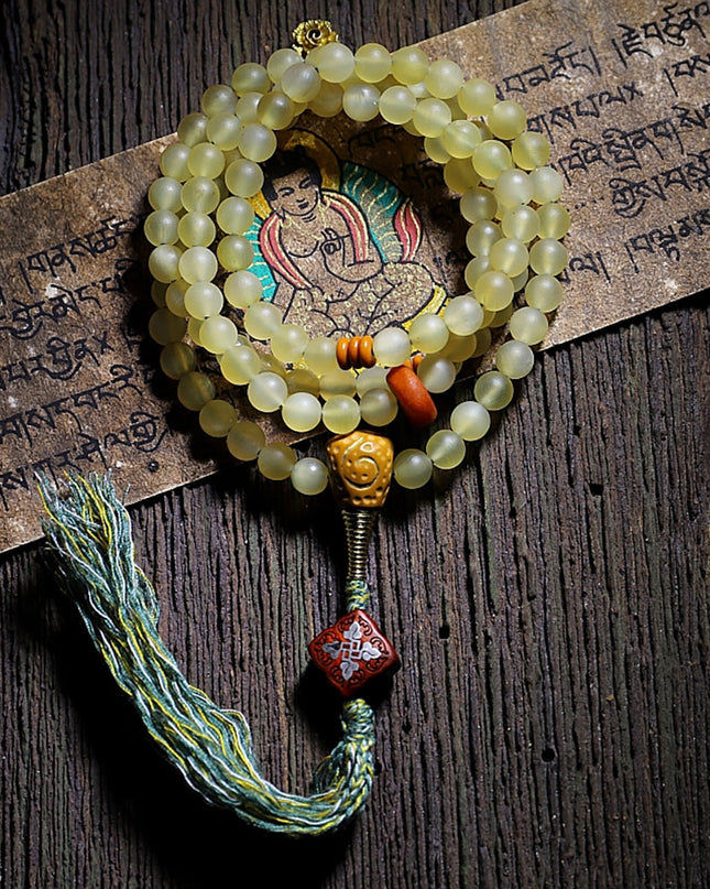 Guardian Yak Bone and Amber Blessing 108 Mala Beads Necklace