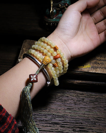 Guardian Yak Bone and Amber Blessing 108 Mala Beads Necklace