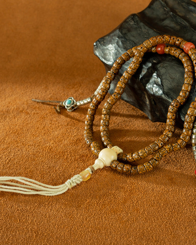 108 Beads Vintage Tibetan Bodhi Seed Bracelet with Turquoise & Silver Accents