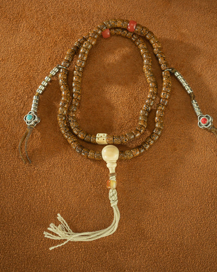 108 Beads Vintage Tibetan Bodhi Seed Bracelet with Turquoise & Silver Accents