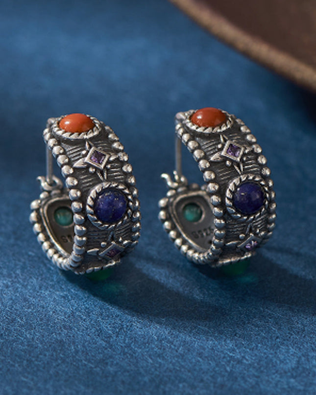 Celestial Vitality Lapis & Agate Hoop Earrings – Empower Your Spirit with Natural Elegance