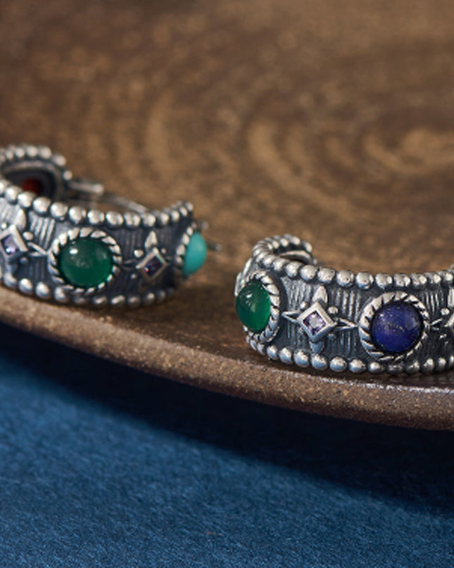 Celestial Vitality Lapis & Agate Hoop Earrings – Empower Your Spirit with Natural Elegance
