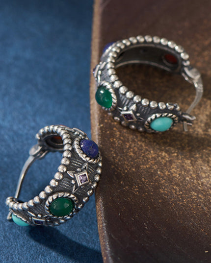 Celestial Vitality Lapis & Agate Hoop Earrings – Empower Your Spirit with Natural Elegance