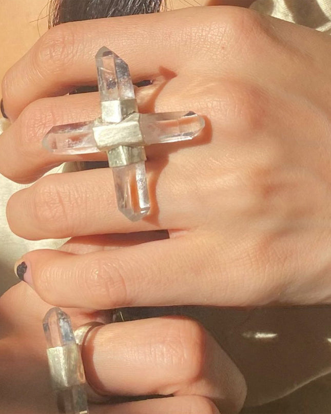 Twin Peaks Crystal Ring Tibetan Clear Quartz & Silver Purity Power Duo