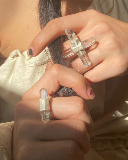 Twin Peaks Crystal Ring Tibetan Clear Quartz & Silver Purity Power Duo
