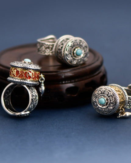 Tibetan Blessing Prayer Wheel Ring – Silver and Turquoise Spinner