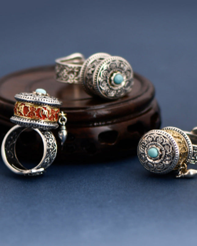 Tibetan Blessing Prayer Wheel Ring – Silver and Turquoise Spinner