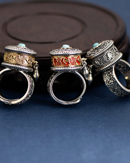 Tibetan Blessing Prayer Wheel Ring – Silver and Turquoise Spinner