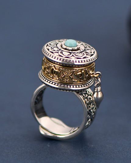 Tibetan Blessing Prayer Wheel Ring – Silver and Turquoise Spinner