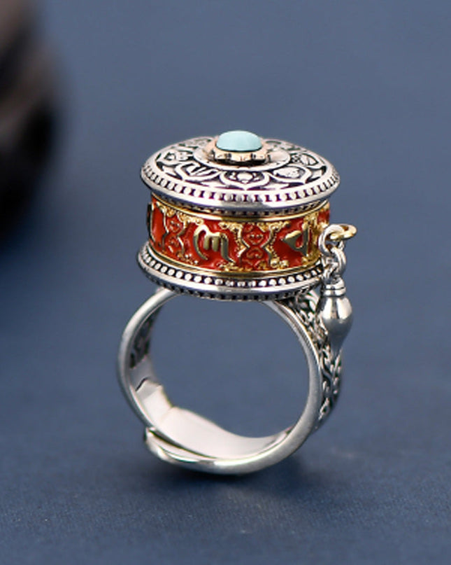Tibetan Blessing Prayer Wheel Ring – Silver and Turquoise Spinner