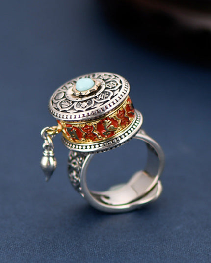 Tibetan Blessing Prayer Wheel Ring – Silver and Turquoise Spinner