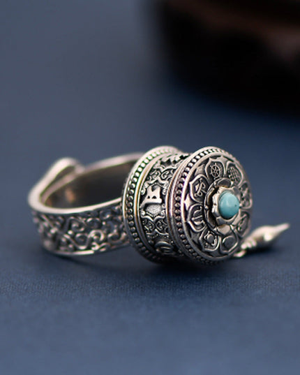 Tibetan Blessing Prayer Wheel Ring – Silver and Turquoise Spinner