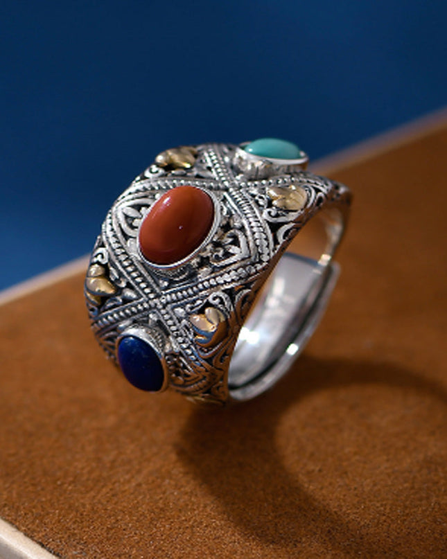 Prosperity Gemstone Guardian Ring – Carnelian, Turquoise, Lapis in Silver