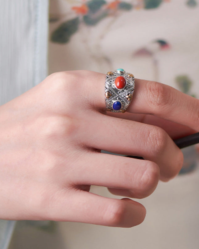 Prosperity Gemstone Guardian Ring – Carnelian, Turquoise, Lapis in Silver