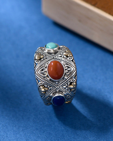 Prosperity Gemstone Guardian Ring – Carnelian, Turquoise, Lapis in Silver