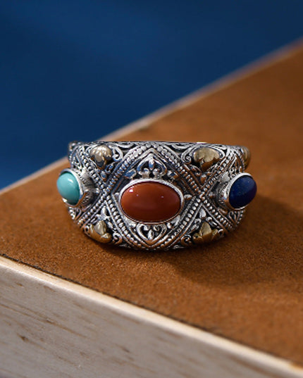 Prosperity Gemstone Guardian Ring – Carnelian, Turquoise, Lapis in Silver